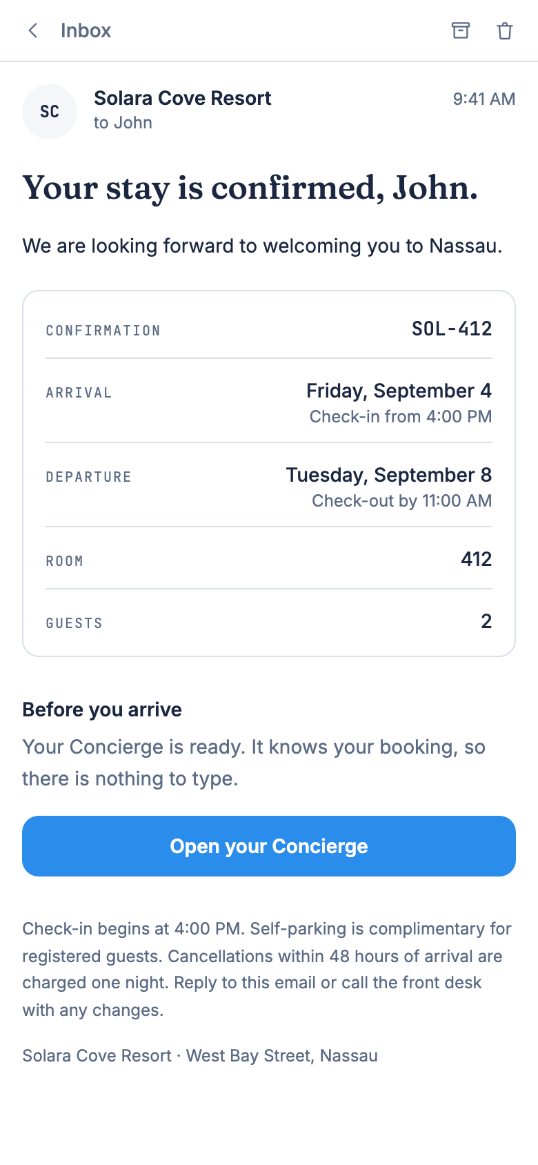 The confirmation email with Open your Concierge