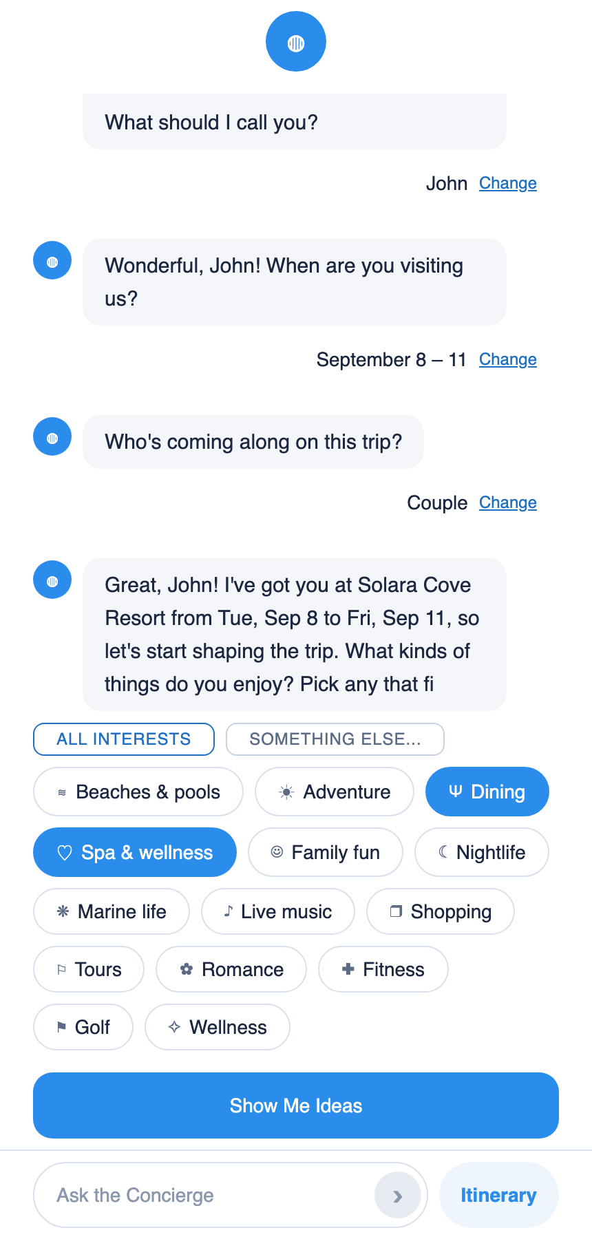 Plan my stay in the Concierge conversation